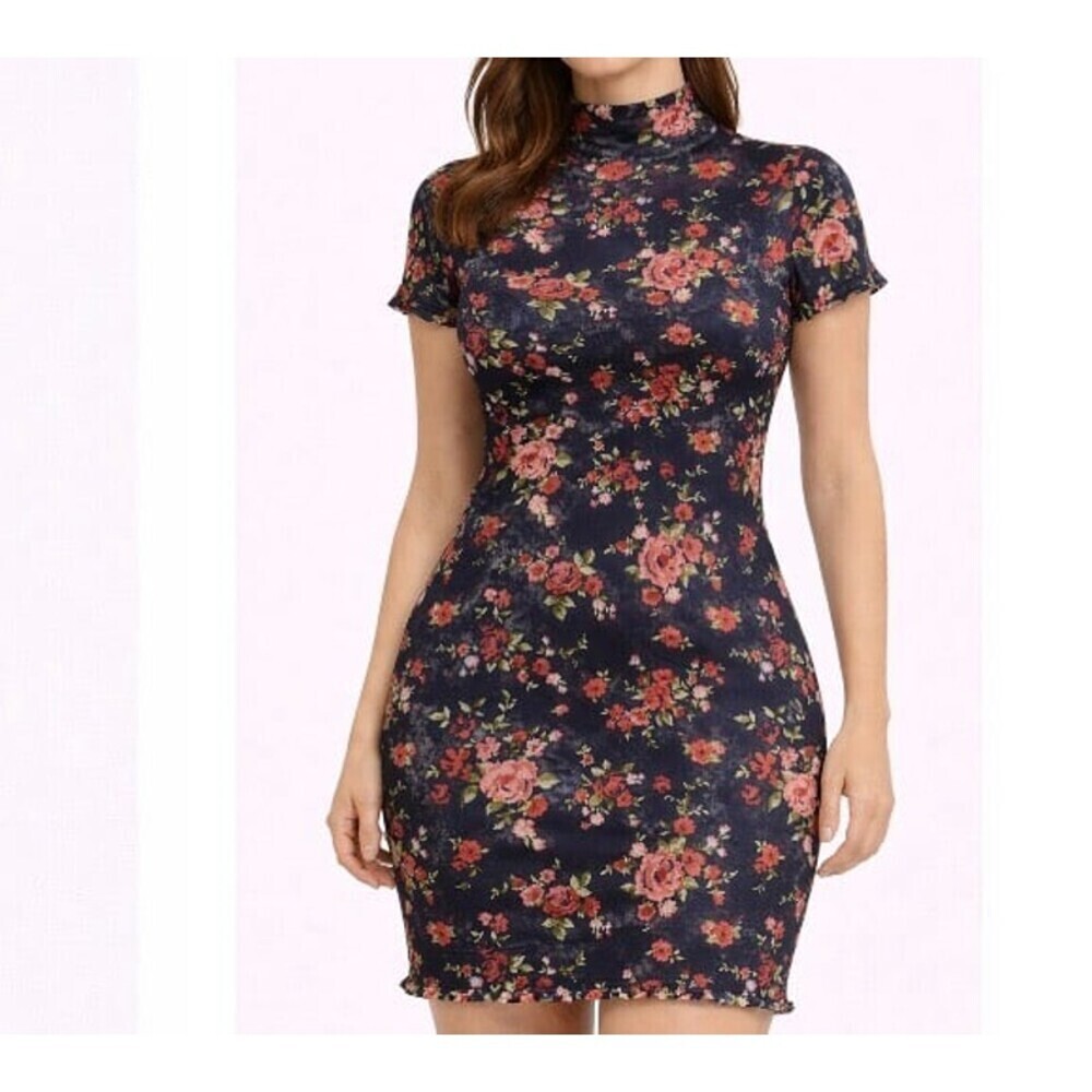 Arizona Dress mesh overlay black Pink floral mock neck stretch SZ M